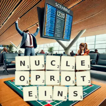 Creative illustration for a Scrabble game with the word NUCLEOPROTEINS spelled out in tiles on the board.