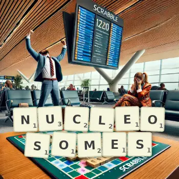 Creative illustration for a Scrabble game with the word NUCLEOSOMES spelled out in tiles on the board.