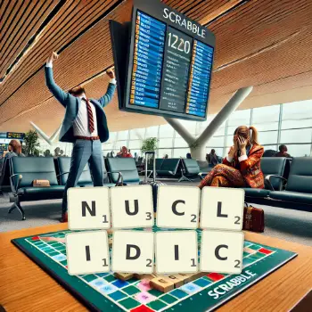 Creative illustration for a Scrabble game with the word NUCLIDIC spelled out in tiles on the board.