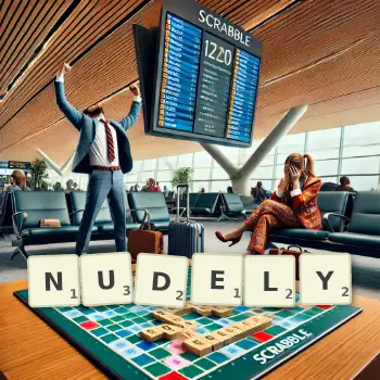Creative illustration for a Scrabble game with the word NUDELY spelled out in tiles on the board.