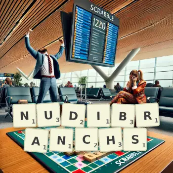 Creative illustration for a Scrabble game with the word NUDIBRANCHS spelled out in tiles on the board.
