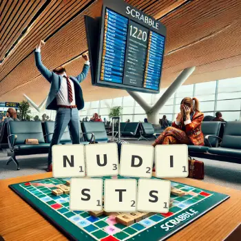 Creative illustration for a Scrabble game with the word NUDISTS spelled out in tiles on the board.