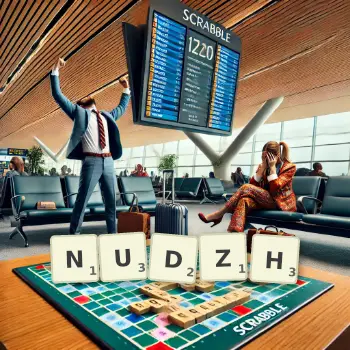 Creative illustration for a Scrabble game with the word NUDZH spelled out in tiles on the board.
