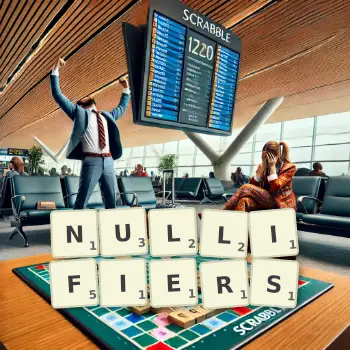 Creative illustration for a Scrabble game with the word NULLIFIERS spelled out in tiles on the board.