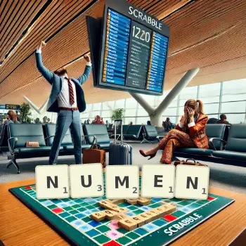 Creative illustration for a Scrabble game with the word NUMEN spelled out in tiles on the board.