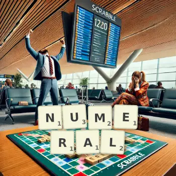 Creative illustration for a Scrabble game with the word NUMERAL spelled out in tiles on the board.