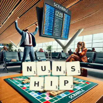 Creative illustration for a Scrabble game with the word NUNSHIP spelled out in tiles on the board.