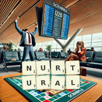 Creative illustration for a Scrabble game with the word NURTURAL spelled out in tiles on the board.