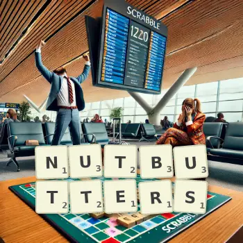 Creative illustration for a Scrabble game with the word NUTBUTTERS spelled out in tiles on the board.