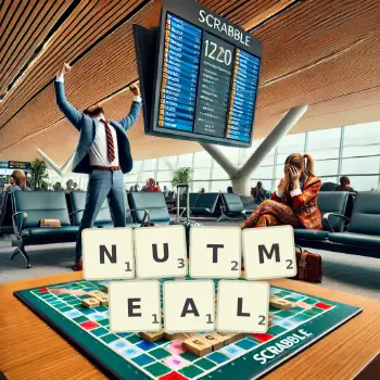 Creative illustration for a Scrabble game with the word NUTMEAL spelled out in tiles on the board.