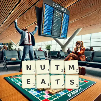 Creative illustration for a Scrabble game with the word NUTMEATS spelled out in tiles on the board.