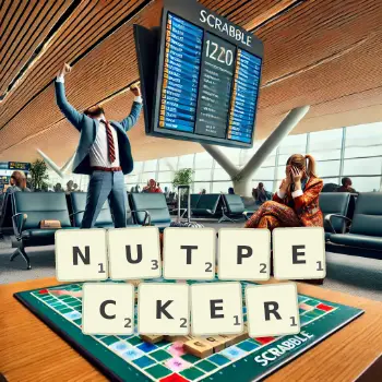 Creative illustration for a Scrabble game with the word NUTPECKER spelled out in tiles on the board.