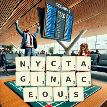 Creative illustration for a Scrabble game with the word NYCTAGINACEOUS spelled out in tiles on the board.
