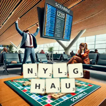Creative illustration for a Scrabble game with the word NYLGHAU spelled out in tiles on the board.