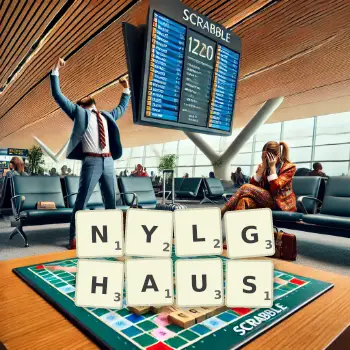 Creative illustration for a Scrabble game with the word NYLGHAUS spelled out in tiles on the board.