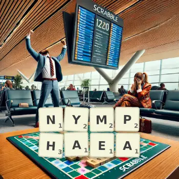 Creative illustration for a Scrabble game with the word NYMPHAEA spelled out in tiles on the board.