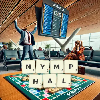 Creative illustration for a Scrabble game with the word NYMPHAL spelled out in tiles on the board.