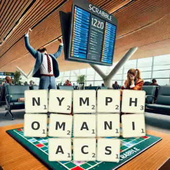 Creative illustration for a Scrabble game with the word NYMPHOMANIACS spelled out in tiles on the board.