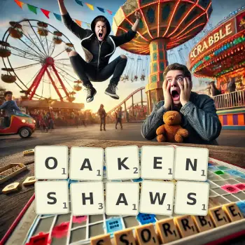 Creative illustration for a Scrabble game with the word OAKENSHAWS spelled out in tiles on the board.