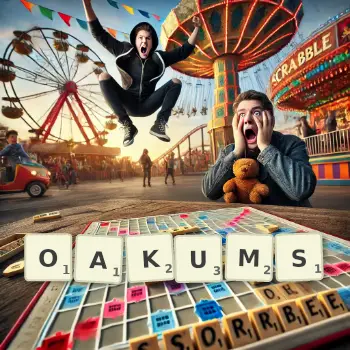 Creative illustration for a Scrabble game with the word OAKUMS spelled out in tiles on the board.