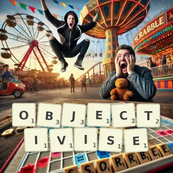 Creative illustration for a Scrabble game with the word OBJECTIVISE spelled out in tiles on the board.