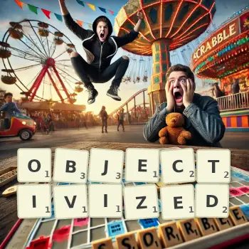 Creative illustration for a Scrabble game with the word OBJECTIVIZED spelled out in tiles on the board.