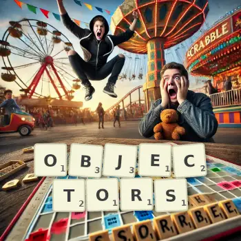 Creative illustration for a Scrabble game with the word OBJECTORS spelled out in tiles on the board.