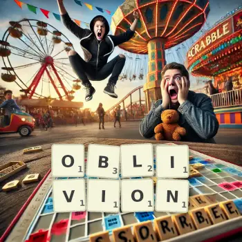 Creative illustration for a Scrabble game with the word OBLIVION spelled out in tiles on the board.