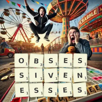 Creative illustration for a Scrabble game with the word OBSESSIVENESSES spelled out in tiles on the board.