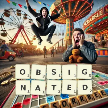 Creative illustration for a Scrabble game with the word OBSIGNATED spelled out in tiles on the board.