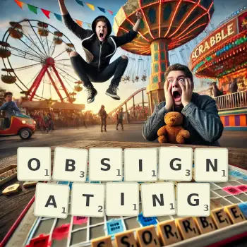 Creative illustration for a Scrabble game with the word OBSIGNATING spelled out in tiles on the board.