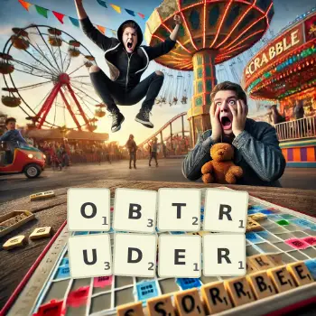 Creative illustration for a Scrabble game with the word OBTRUDER spelled out in tiles on the board.