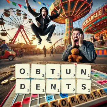 Creative illustration for a Scrabble game with the word OBTUNDENTS spelled out in tiles on the board.