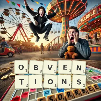 Creative illustration for a Scrabble game with the word OBVENTIONS spelled out in tiles on the board.