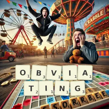 Creative illustration for a Scrabble game with the word OBVIATING spelled out in tiles on the board.