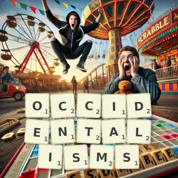 Creative illustration for a Scrabble game with the word OCCIDENTALISMS spelled out in tiles on the board.
