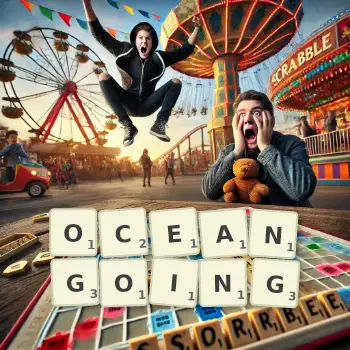 Creative illustration for a Scrabble game with the word OCEANGOING spelled out in tiles on the board.