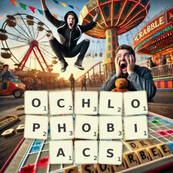 Creative illustration for a Scrabble game with the word OCHLOPHOBIACS spelled out in tiles on the board.