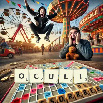 Creative illustration for a Scrabble game with the word OCULI spelled out in tiles on the board.
