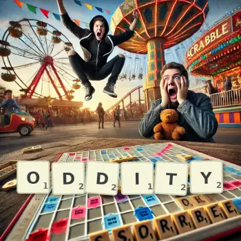 Creative illustration for a Scrabble game with the word ODDITY spelled out in tiles on the board.
