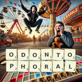 Creative illustration for a Scrabble game with the word ODONTOPHORAL spelled out in tiles on the board.