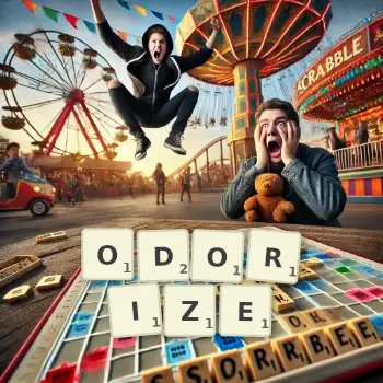 Creative illustration for a Scrabble game with the word ODORIZE spelled out in tiles on the board.