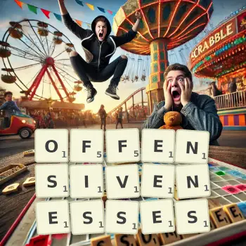 Creative illustration for a Scrabble game with the word OFFENSIVENESSES spelled out in tiles on the board.