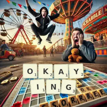 Creative illustration for a Scrabble game with the word OKAYING spelled out in tiles on the board.