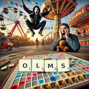 Creative illustration for a Scrabble game with the word OLMS spelled out in tiles on the board.