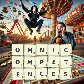 Creative illustration for a Scrabble game with the word OMNICOMPETENCES spelled out in tiles on the board.