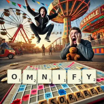 Creative illustration for a Scrabble game with the word OMNIFY spelled out in tiles on the board.