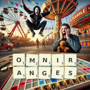 Creative illustration for a Scrabble game with the word OMNIRANGES spelled out in tiles on the board.