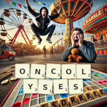 Creative illustration for a Scrabble game with the word ONCOLYSES spelled out in tiles on the board.