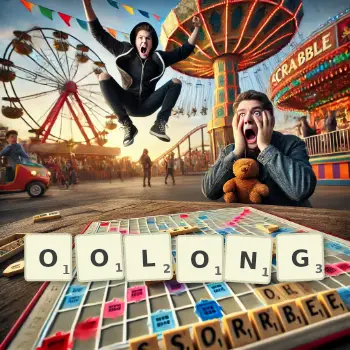 Creative illustration for a Scrabble game with the word OOLONG spelled out in tiles on the board.